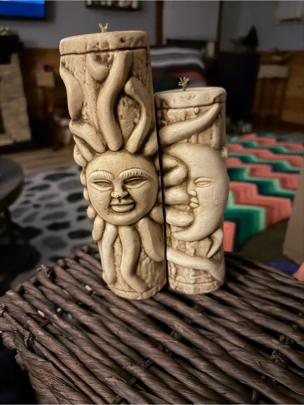 Sun and Moon Carved Pillar Candles - Neutral Decorative Accents
